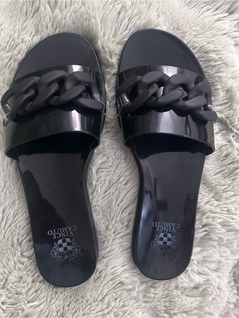 Vince Camuto Glossy Black Chain-Trim Slide Sandals
